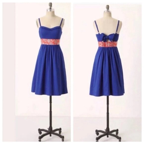 Anthropologie Edme & Esyllte Blue Sundress Graphical Empire Waist W/ Pockets - Picture 1 of 13